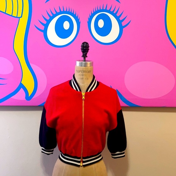 Moschino Couture Red Wool Knit Bomber Jacket Cropped NWT